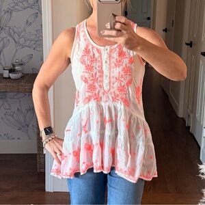 Raga Vintage Embroidered Sleeveless White and Neon Coral Boho Top